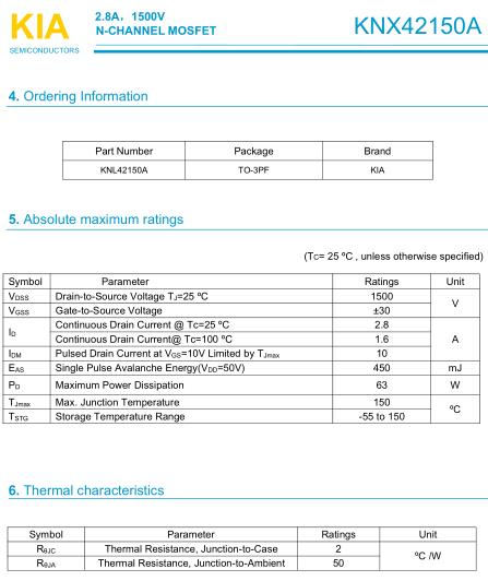 開關(guān)電源MOS管,KNX42150A,2.8A/1500V