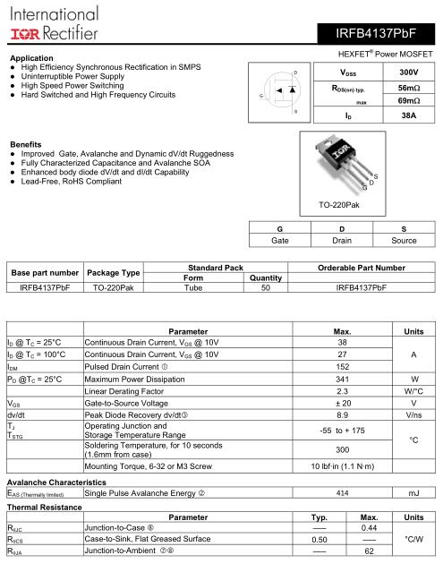 MOS管,IRFB4137,38A/300V