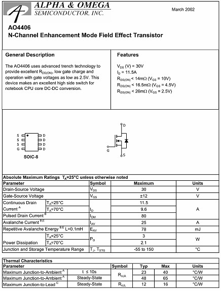 AO4406,AO4406參數,AO4406規(guī)格書,11.5A/30V